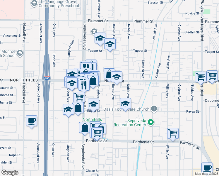 map of restaurants, bars, coffee shops, grocery stores, and more near 9037 Burnet Avenue in Los Angeles