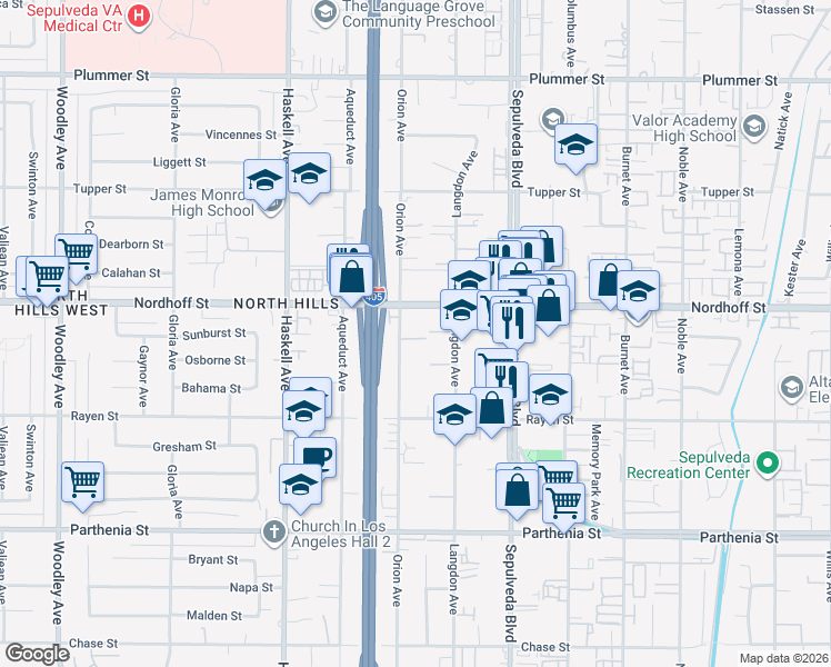 map of restaurants, bars, coffee shops, grocery stores, and more near 9034 Orion Avenue in Los Angeles