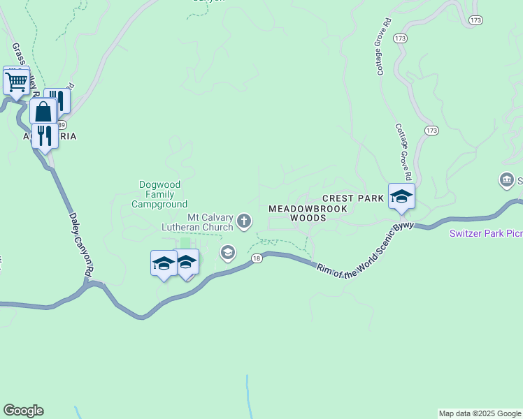 map of restaurants, bars, coffee shops, grocery stores, and more near 1006 Meadow Brook Road in Lake Arrowhead