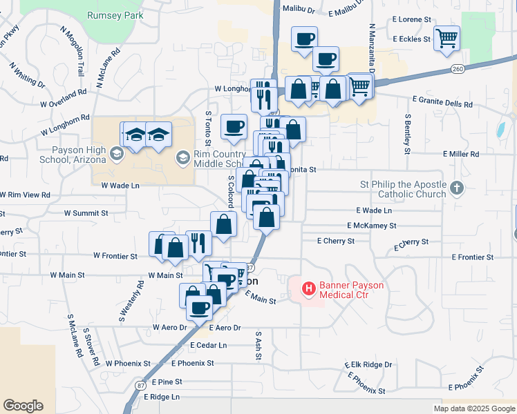 map of restaurants, bars, coffee shops, grocery stores, and more near 109-151 West Wade Lane in Payson