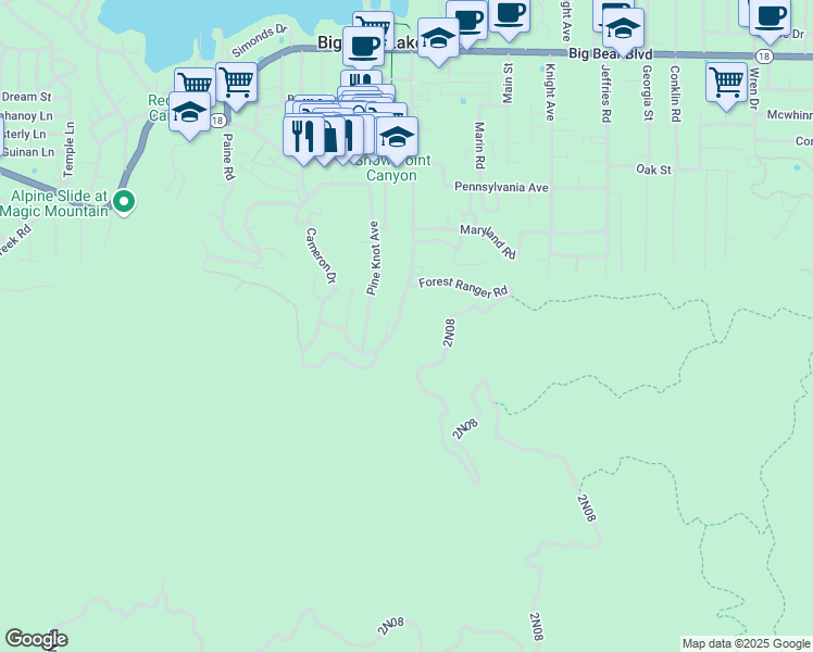 map of restaurants, bars, coffee shops, grocery stores, and more near 983 Knickerbocker Road in Big Bear Lake
