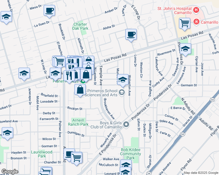 map of restaurants, bars, coffee shops, grocery stores, and more near 2787 Los Nogales Avenue in Camarillo