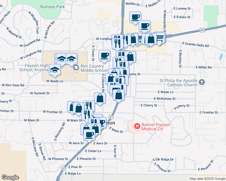 map of restaurants, bars, coffee shops, grocery stores, and more near 109 West Wade Lane in Payson