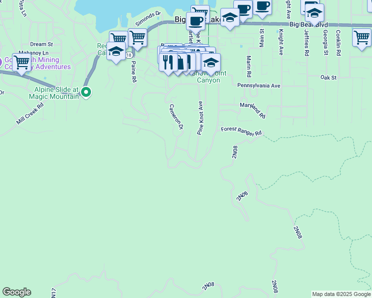 map of restaurants, bars, coffee shops, grocery stores, and more near 995 Cameron Drive in Big Bear Lake