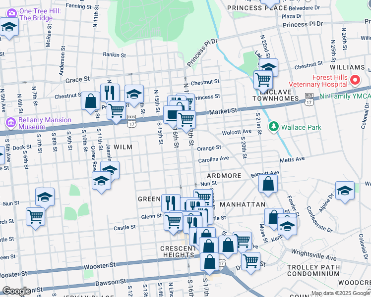 map of restaurants, bars, coffee shops, grocery stores, and more near 1609 Orange Street in Wilmington