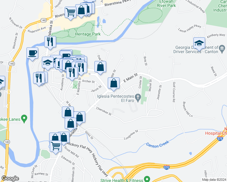 map of restaurants, bars, coffee shops, grocery stores, and more near 870 East Main Street in Canton