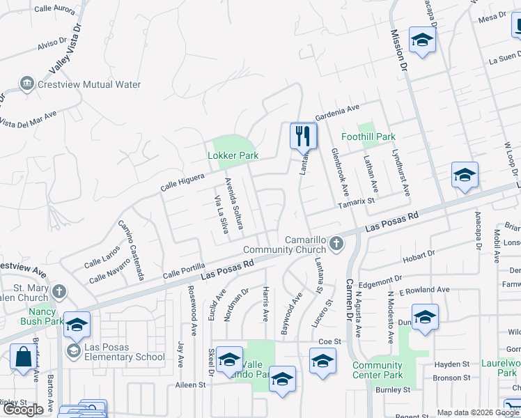 map of restaurants, bars, coffee shops, grocery stores, and more near Cerro Vista Way in Camarillo