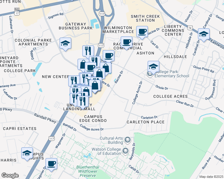 map of restaurants, bars, coffee shops, grocery stores, and more near 403 Racine Drive in Wilmington