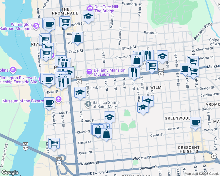 map of restaurants, bars, coffee shops, grocery stores, and more near 708 Dock Street in Wilmington