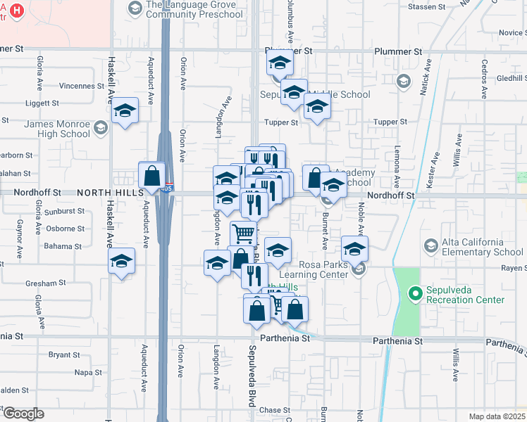 map of restaurants, bars, coffee shops, grocery stores, and more near 9002-9008 Sepulveda Boulevard in Los Angeles