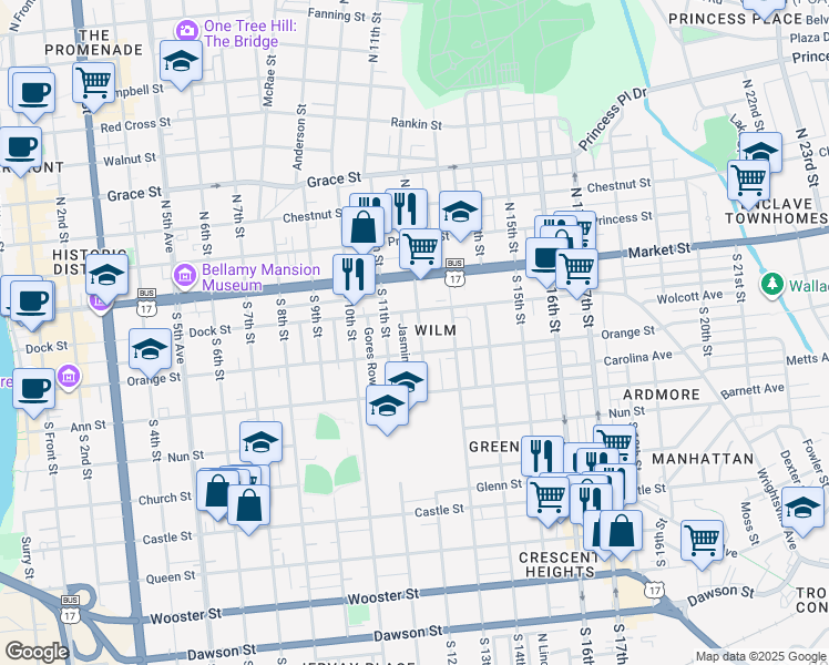 map of restaurants, bars, coffee shops, grocery stores, and more near 116 South 12th Street in Wilmington
