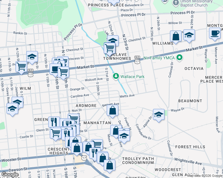 map of restaurants, bars, coffee shops, grocery stores, and more near 2114 Creecy Avenue in Wilmington