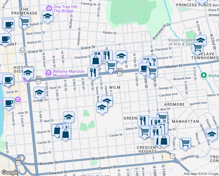 map of restaurants, bars, coffee shops, grocery stores, and more near in Wilmington
