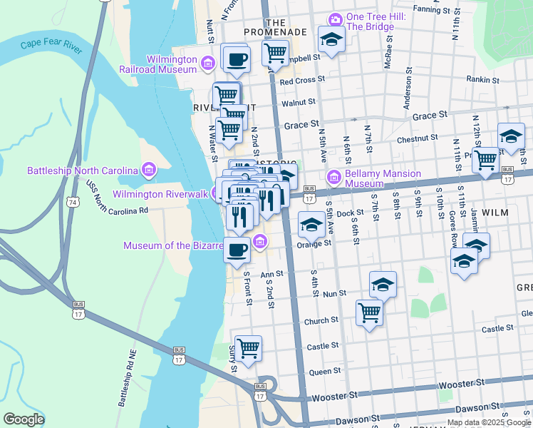 map of restaurants, bars, coffee shops, grocery stores, and more near 26 South 2nd Street in Wilmington