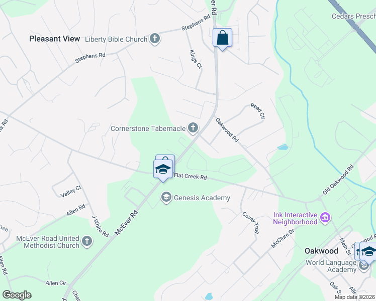 map of restaurants, bars, coffee shops, grocery stores, and more near 5025 McEver Road in Oakwood