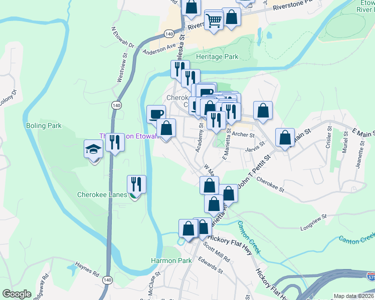 map of restaurants, bars, coffee shops, grocery stores, and more near 140 Railroad Street in Canton