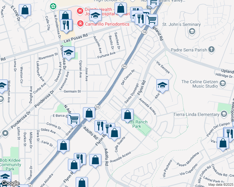map of restaurants, bars, coffee shops, grocery stores, and more near 4654 Via Dulce in Camarillo
