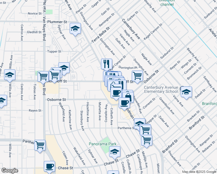 map of restaurants, bars, coffee shops, grocery stores, and more near 9048 Costello Avenue in Los Angeles