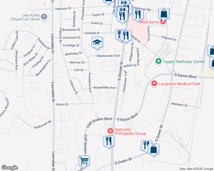 map of restaurants, bars, coffee shops, grocery stores, and more near 908 Rockefeller Avenue in Tupelo