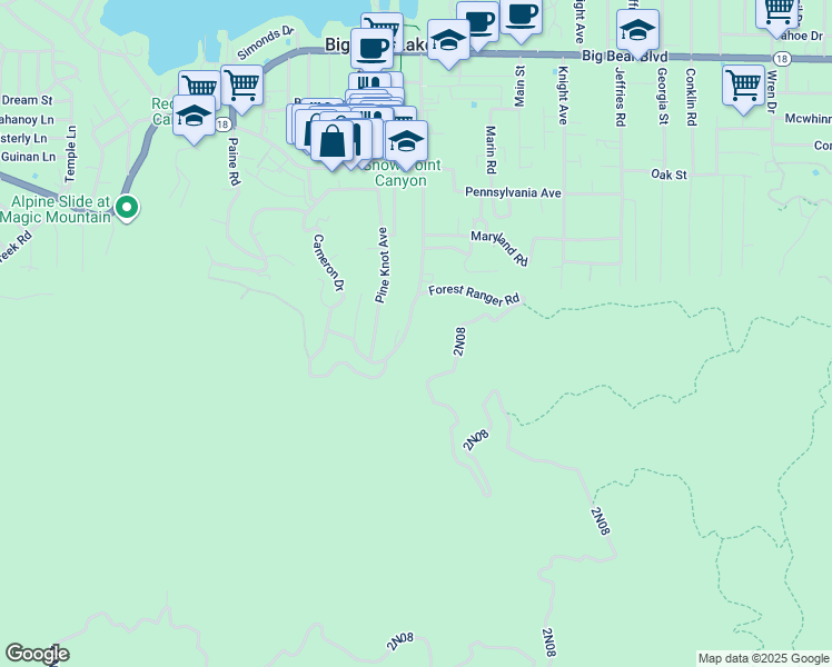 map of restaurants, bars, coffee shops, grocery stores, and more near 983 Knickerbocker Road in Big Bear Lake