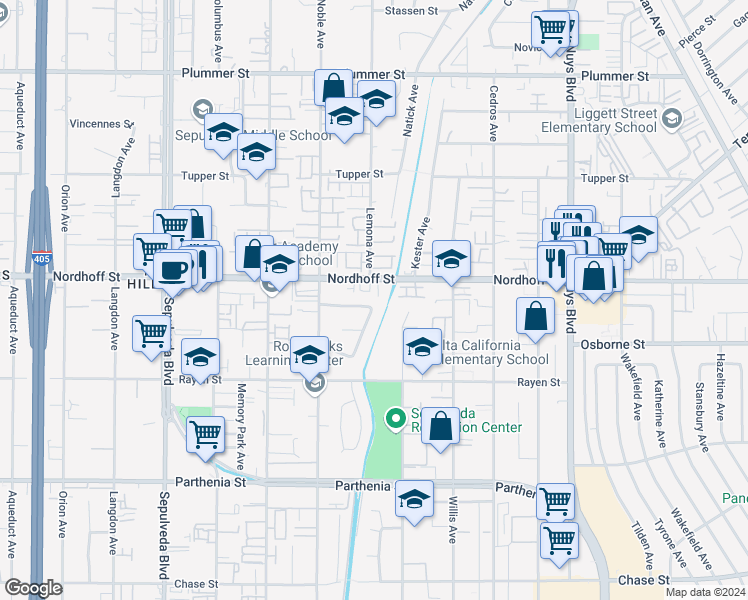 map of restaurants, bars, coffee shops, grocery stores, and more near 15003 Sunburst Street in North Hills