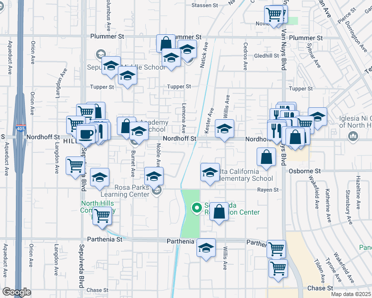 map of restaurants, bars, coffee shops, grocery stores, and more near 15003 Sunburst Street in Los Angeles