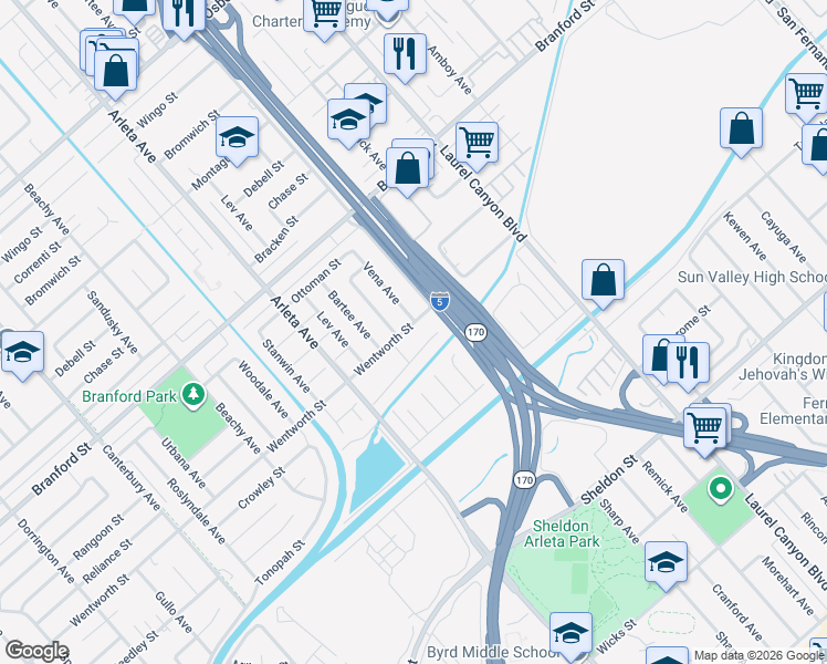 map of restaurants, bars, coffee shops, grocery stores, and more near 12930 Wentworth Street in Los Angeles