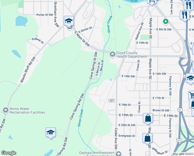 map of restaurants, bars, coffee shops, grocery stores, and more near 335 South McLin Street in Rome