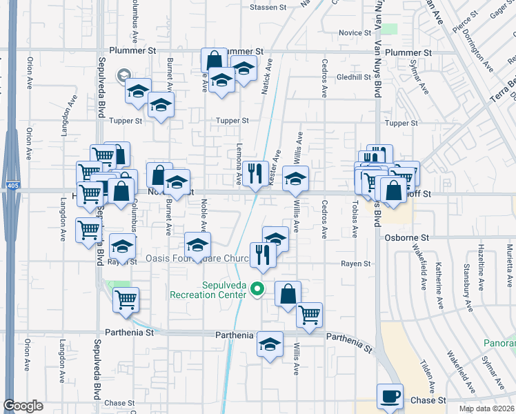 map of restaurants, bars, coffee shops, grocery stores, and more near 14868 West Maple Terrace in Los Angeles