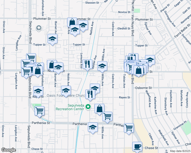 map of restaurants, bars, coffee shops, grocery stores, and more near 14834 West Maple Terrace in Los Angeles