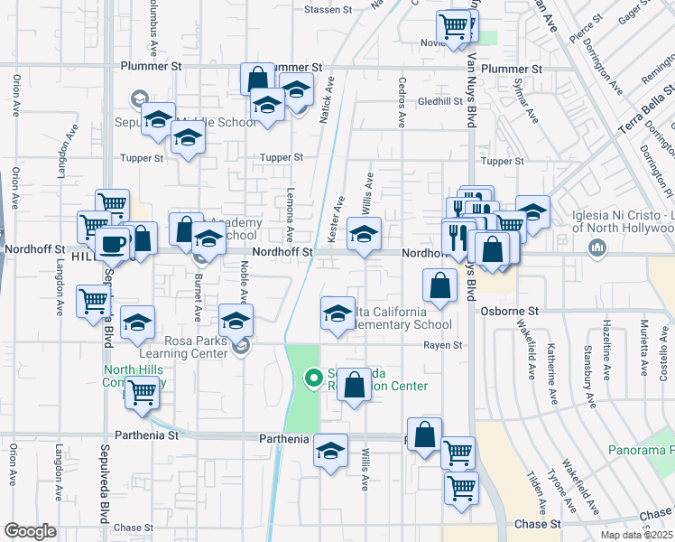 map of restaurants, bars, coffee shops, grocery stores, and more near 14838 West Maple Terrace in Los Angeles