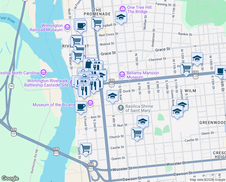 map of restaurants, bars, coffee shops, grocery stores, and more near 103 South 4th Street in Wilmington