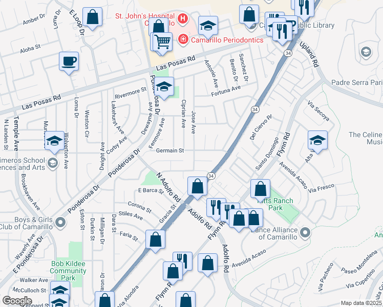 map of restaurants, bars, coffee shops, grocery stores, and more near 3874 Germain Street in Camarillo
