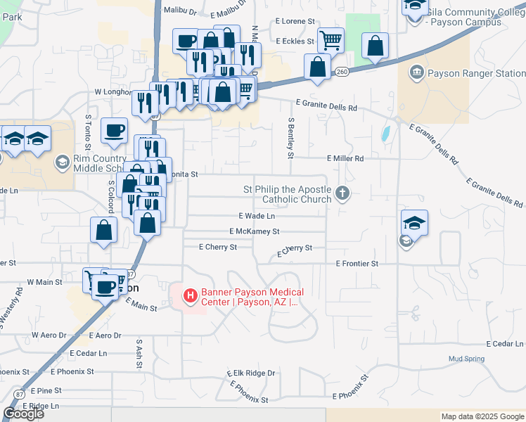 map of restaurants, bars, coffee shops, grocery stores, and more near 502 East Wade Lane in Payson