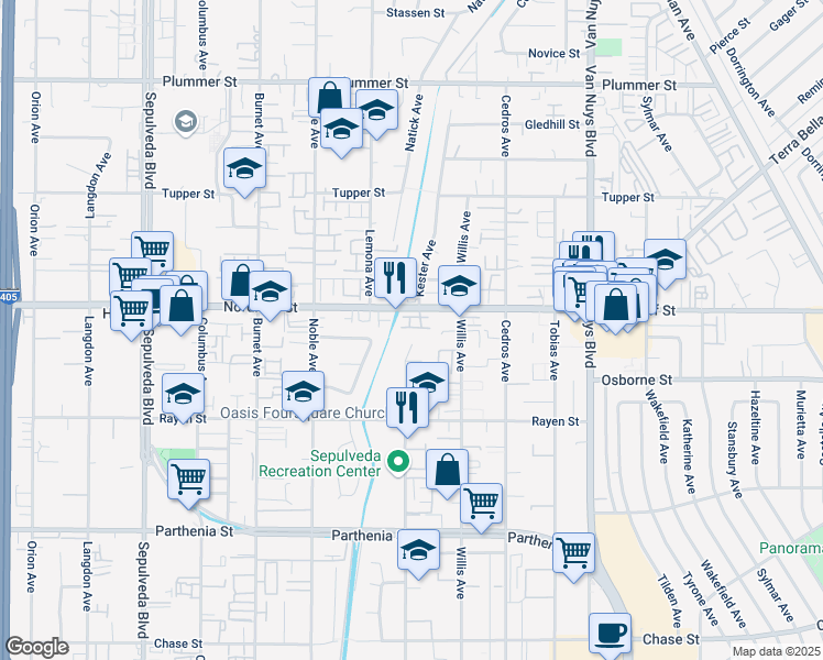 map of restaurants, bars, coffee shops, grocery stores, and more near 14856 West Maple Terrace in Los Angeles