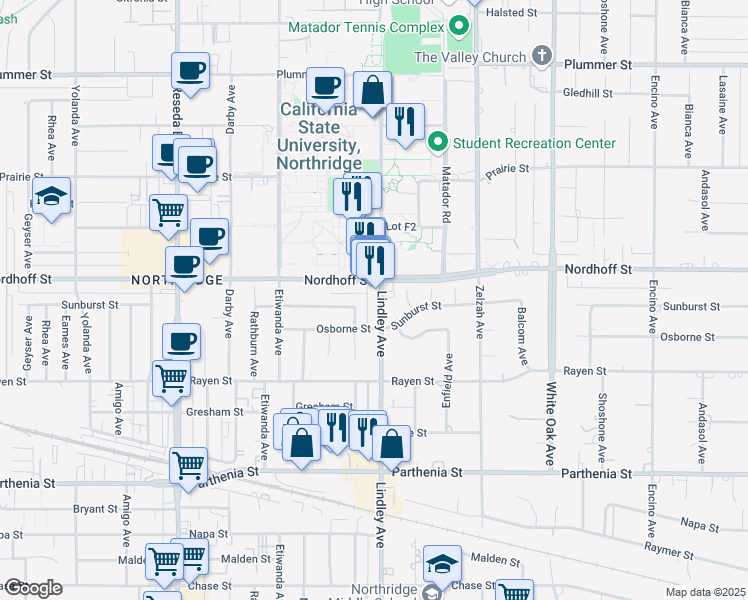 map of restaurants, bars, coffee shops, grocery stores, and more near 9033 Lindley Avenue in Los Angeles