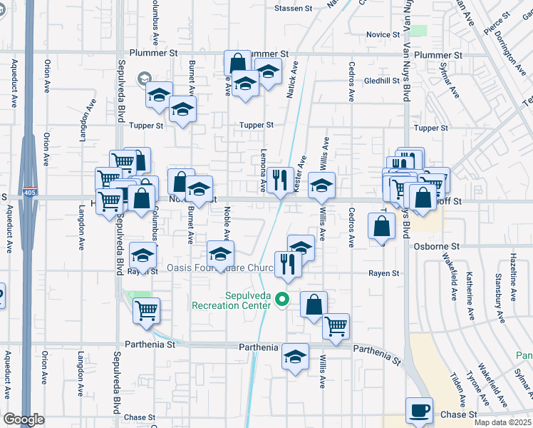 map of restaurants, bars, coffee shops, grocery stores, and more near 15003 Sunburst Street in Los Angeles