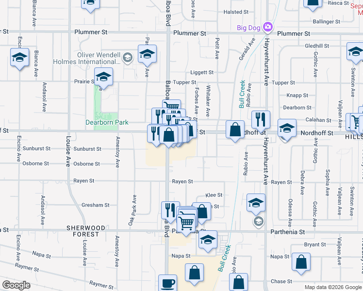 map of restaurants, bars, coffee shops, grocery stores, and more near 9000 Balboa Blvd in Los Angeles