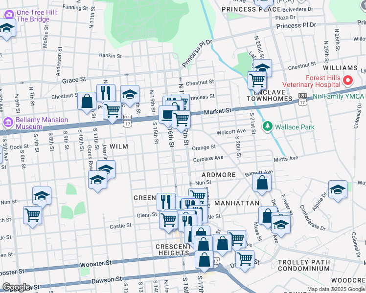 map of restaurants, bars, coffee shops, grocery stores, and more near 1609 Orange Street in Wilmington