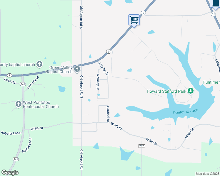 map of restaurants, bars, coffee shops, grocery stores, and more near 17 Valley Road in Pontotoc