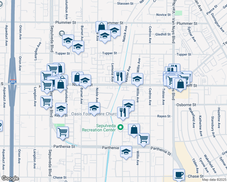 map of restaurants, bars, coffee shops, grocery stores, and more near 15003 Sunburst Street in Los Angeles