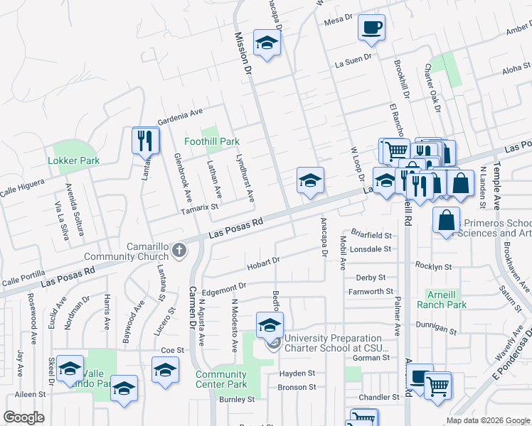 map of restaurants, bars, coffee shops, grocery stores, and more near 1709 Las Posas Road in Camarillo