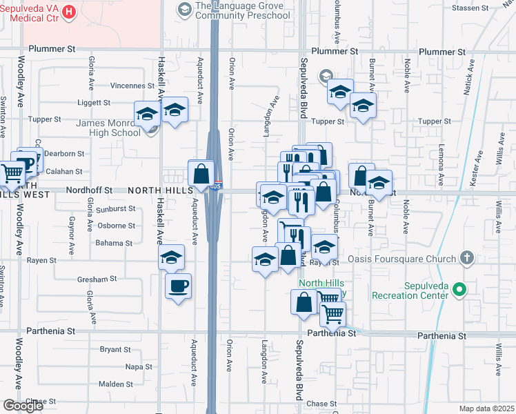 map of restaurants, bars, coffee shops, grocery stores, and more near 9047 Langdon Avenue in Los Angeles
