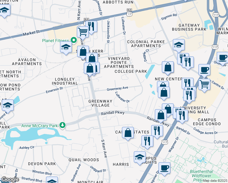 map of restaurants, bars, coffee shops, grocery stores, and more near 366 Lullwater Drive in Wilmington