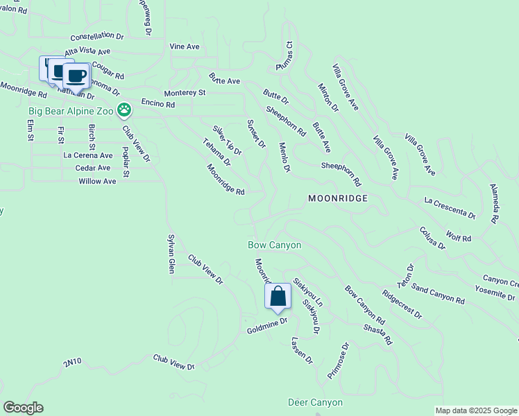 map of restaurants, bars, coffee shops, grocery stores, and more near 43132 Moonridge Road in Big Bear Lake
