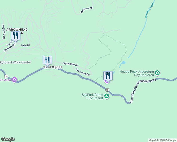 map of restaurants, bars, coffee shops, grocery stores, and more near 28879 Sycamore Drive in Lake Arrowhead