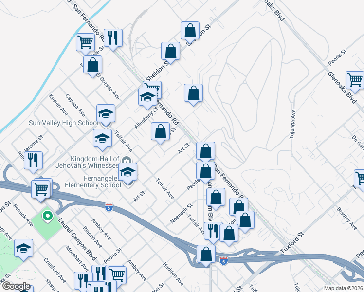 map of restaurants, bars, coffee shops, grocery stores, and more near 11825 Art Street in Los Angeles