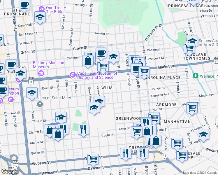 map of restaurants, bars, coffee shops, grocery stores, and more near 114 South 13th Street in Wilmington