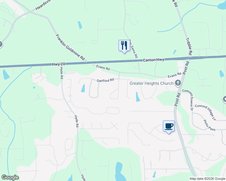 map of restaurants, bars, coffee shops, grocery stores, and more near 4415 Evans Farms Drive in Cumming
