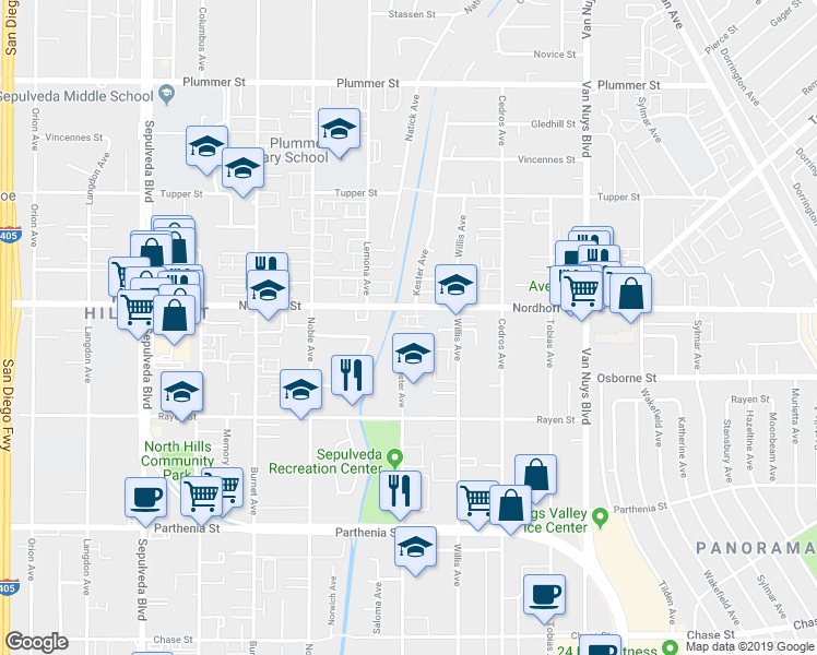 map of restaurants, bars, coffee shops, grocery stores, and more near 14856 West Maple Terrace in Los Angeles